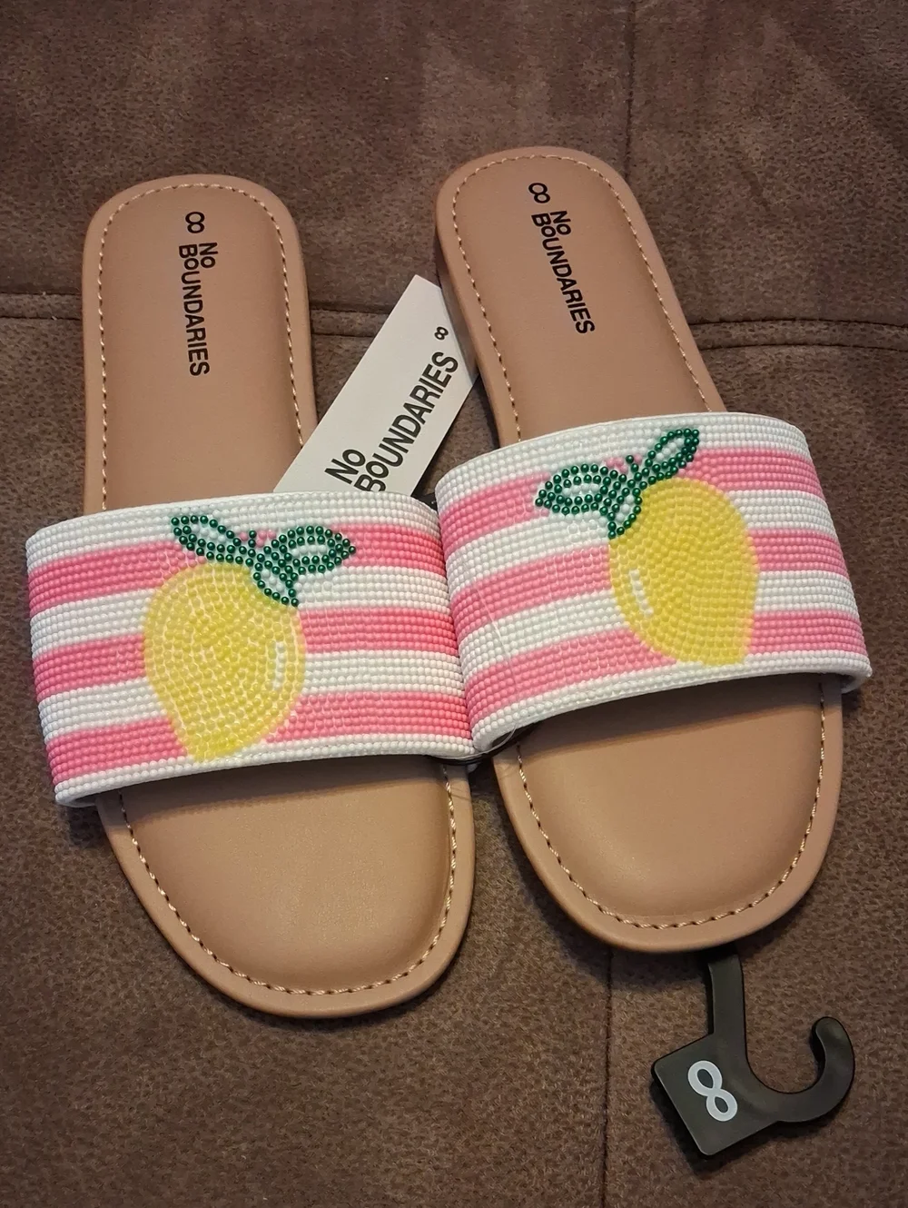 No Boundaries Pink & White Striped Lemon Beaded Slide Sandals Size 8